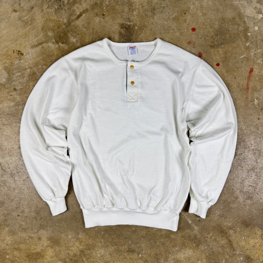 Jerzees‎ Henley Sweatshirt Mens M Small Fit White USA Made Snap Placket Rare 90s